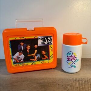 Vintage New Kids On The Block Plastic Lunch Box Orange With Thermos 1990